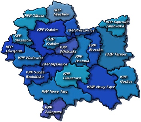 mapa podziału województwa małopolskiego przedstawiająca zasięg terytorialny poszczególnych komend miejskich/powiatowych Policji